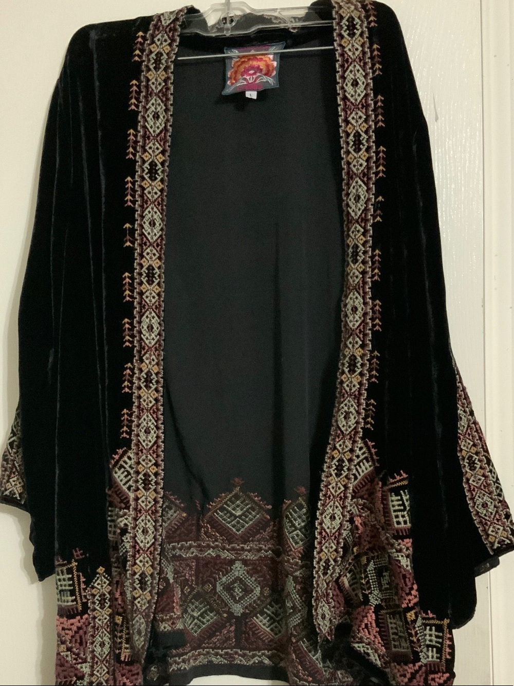 Johnny Was Black Velvet Open-Front Kimono with Multi-Color Embroidery